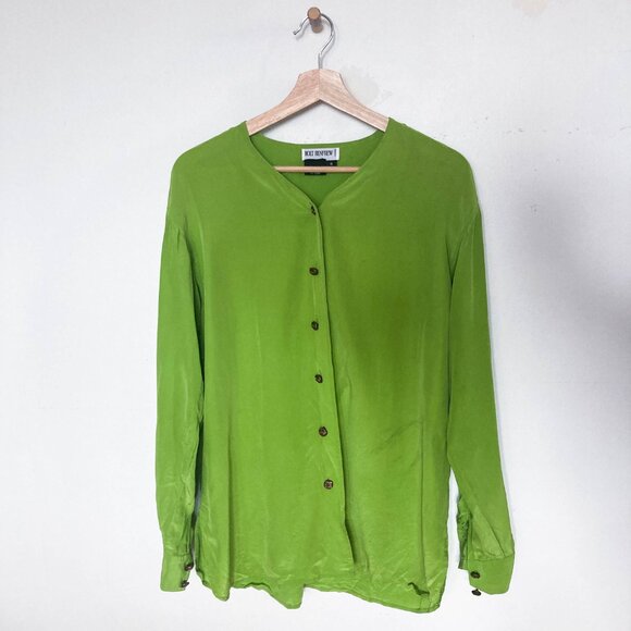 Vintage Lime Green 100% Silk Blouse - Picture 2 of 11